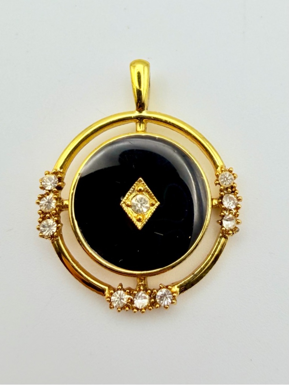 Vintage Gold Crown Inc Gold Tone Black Enamel Rhinestone Deco Rev. Pendant